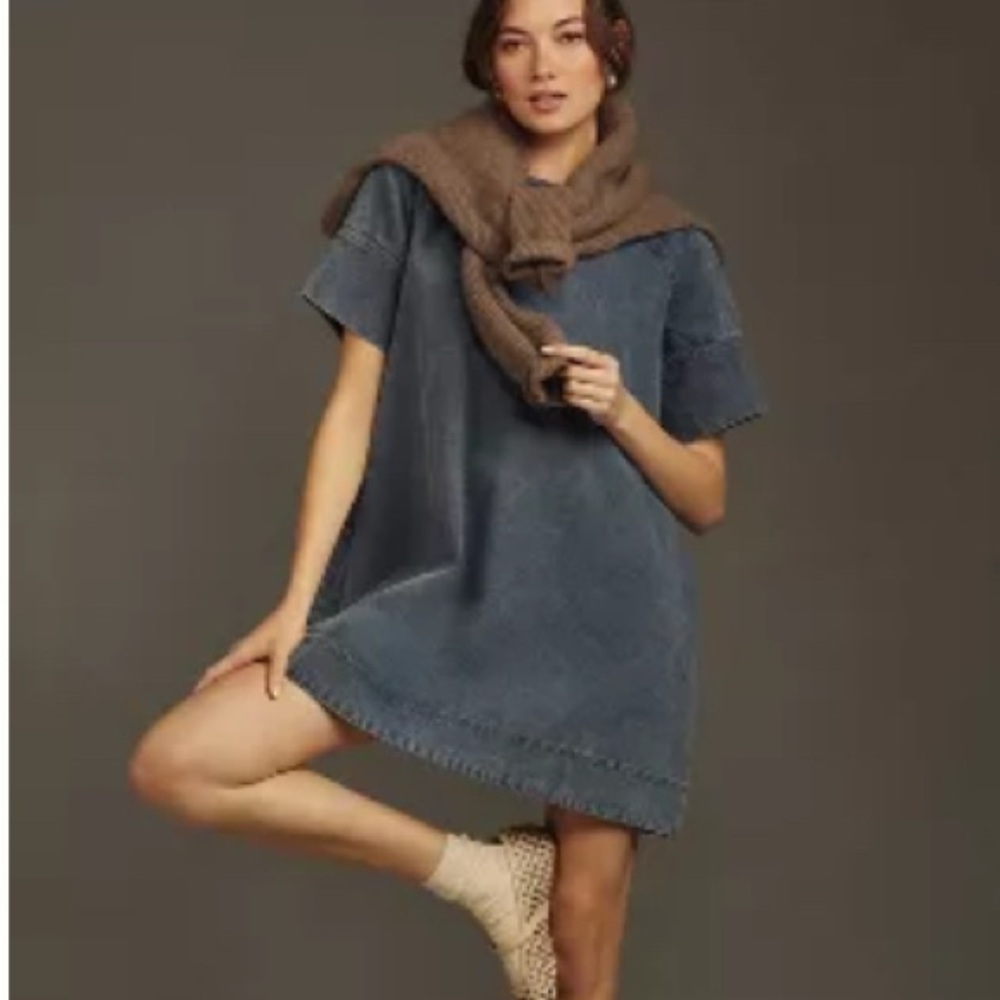 Anthropologie Blue Casual Mini Dress Crew Neck Short Sleeve
